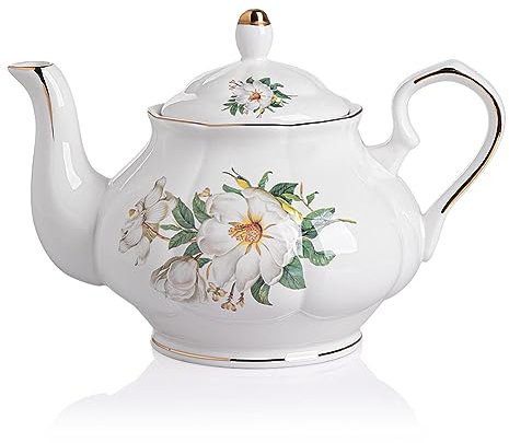 Sweejar Home Porcelain Teapot, Vintage Floral Gold Rim Design Ceramic Tea Pot, Flower Tea Loose Leaf Teapot, Coffee Pot, Women and Tea Lovers, 800ml, 3-4 Cups (Camellia)
