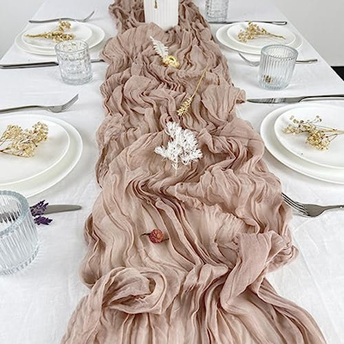 QeeFop 90 x 400 cm Tischläufer Beige Musselin Stoff Tischdeko Hochzeit Boho Gaze Käsetuch Tischläufer für Hochzeit, Geburtstag, Tischdekoration (5 Stücke, Beige)