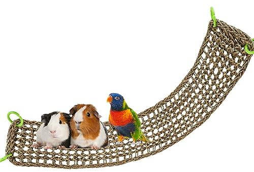 Dnoifne Natural Seagrass Bird Mat with Hooks, 100 x 18 cm Woven Pet Perch Hammock & Climbing Ladder, Cage Accessory for Parrots, Cockatiels, Hamsters, Guinea Pigs, Rats & Reptiles