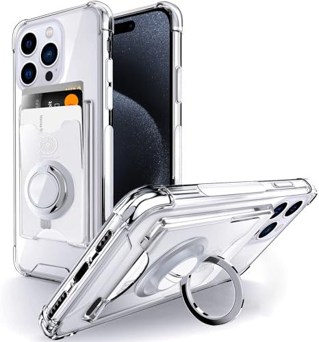 SHIELDS UP Designed for iPhone 15 Pro Case, Wallet Minimalist Case with Ring Kickstand and Card Holder, Transparent Slim Shockproof TPU Bumper Cover for iPhone 15 Pro 6.1''- Clear