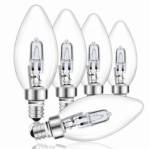 E14 42W Halogen Kerzenbirnen, Warmweiß 2700K Dimmbar, C35 Edison Schraubbirne E14 Halogenlampe, Klar Halogen Kerze Vintage E14 Glühbirne für Kronleuchter, 5 Stück