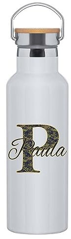 C&P Botella personalizada con nombre + inicial, Botella original tapón a rosca en acero inox, con detalle de bambú y asa integrada térmica de doble Capa bebidas frías 24h y Calientes 12h, 500 ml (3)