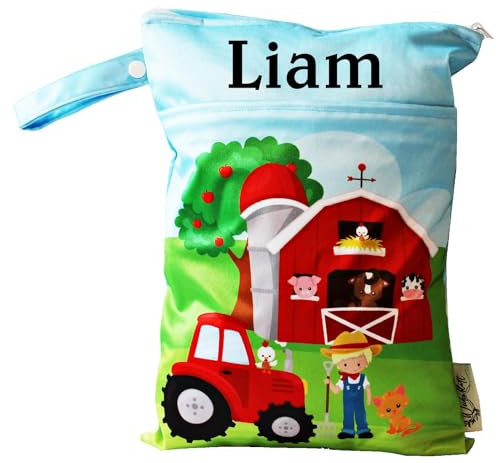 In Deutschland mit Namen personalisierte Wetbag Nasstasche mit 2 separaten Fächern, als Windelbeutel, im Kindergarten oder unterwegs (Traktor)
