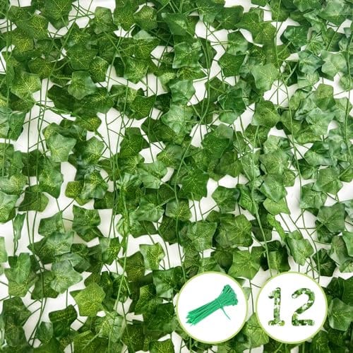 Diompirux 12 Pezzi Edera Finta Decorazioni con 50 fascette per cavi, Piante Pendenti Artificiali Edera Finta con Vasi, Edera Finta Decorazioni per Balconi Camera da Letto, per Esterno, Balconi, feste
