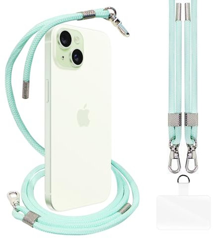 AHABIPERS Handykette Universal zum Umhängen, Nylon Handyband kompatibel mit Jeden Smartphones, Verstellbar und Abnehmbar Kette zum Umhängen, Hülle mit Kordel, Handyband für Jeder Hülle, Cyan