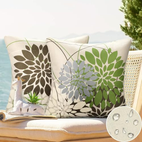 Wasserdicht Kissenhülle Braun und Grün 50x50cm Kissenbezüge Leinen Kissenbezug Wasserfest Blumen Kissen Moderne Kissenbezug 2er Stück Kissenhüllen für Wohnzimmer Garten Kissen Dekor