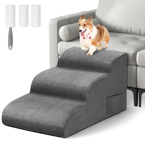 Otauoaea Hundetreppe für Kleinen Hunde, 3 Stufen rutschfest Haustiertreppe Katzentreppe, Hunderampe aus Schwamm für Sofa Bett, Hunde Treppen mit Abnehmbarer Bezug, Senden Fusselrolle, Grau