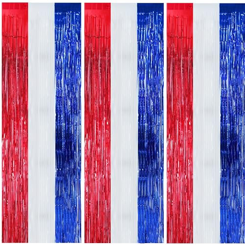 BEISHIDA 3 Pcs Red Blue White Door Streamers Curtain July 4th Party Streamers Backdrop 4th of July Party Wall Background for Party Decoration Photo Booth Props(3.28 ft x 6.56 ft)