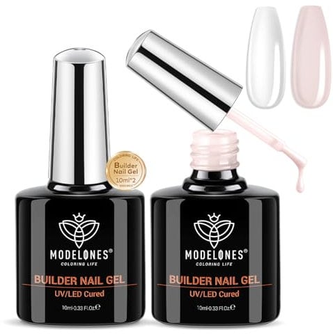 Modelones Builder Gel Set, 2 Pcs 10ml Clear Pink Builder Gel in a bottle, Nail Strengthener Builder Nail Extension Gel Builder for Nail, LED Nail Lamp Cured Hard Gel