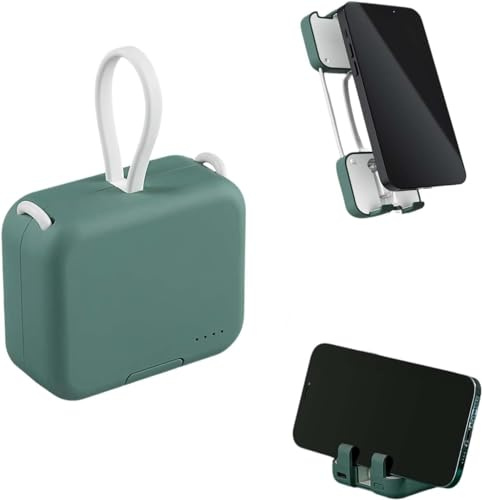 Mini Back Clip Power Bank, Folding Portable Back Clip Power Bank with Phone Holder, Handbag Back Clip Power Bank, Mini Fast Charger,Cute Portable Charger,Power Bank Built In Cable (Green)