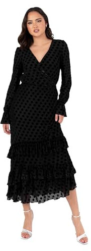 Lovedrobe Women's Midaxi Dress Ladies V-Neckline Long Sleeve Tiered Ruffle Frill Hem Flocked A-line Evening Occasion, Black 14