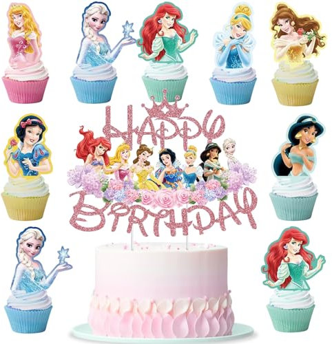 Ctxtqtdt 29 Stück Prinzessin Tortendeko Mädchen, Prinzessinnen Kuchen Deko Kindergeburtstag, Cake Topper Set, Happy Birthday Topper für Kinder Geburtstag Party Kuchen Dekoration Supplies (A)