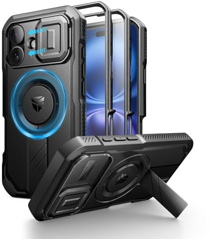 Dexnor for iPhone 16 Magnetic Case With Slide Camera Cover & Adjustable Kickstand & Built-in Screen Protector, Rugged Shockproof Bumper Cases Heavy-duty Cover - Night Black