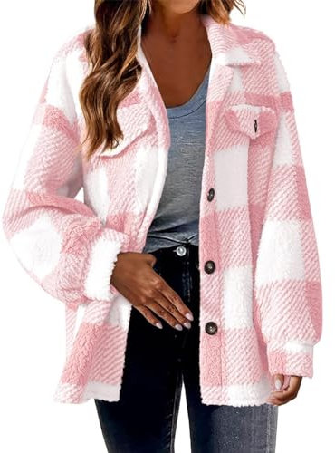 EMATOP Hemdjacke Damen Langarm Kariertes Jacke Casual Sport Flanellhemd Mantel Winter Warm Wollmantel Elegant Revers Übergangsjacke Weich Bequem Fleecejacke Lange Baumwolle Freizeitjacke