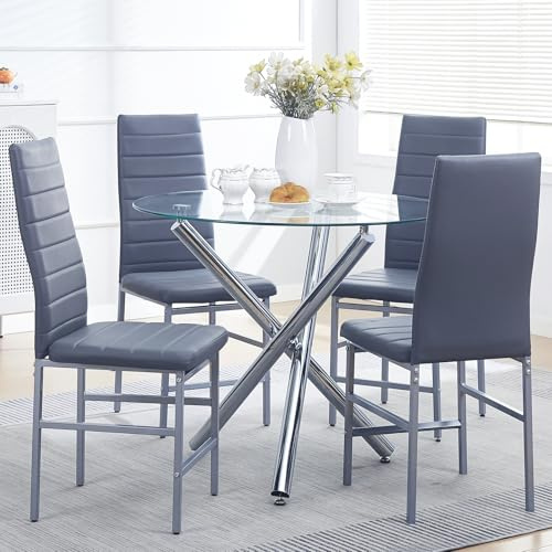 5-teiliges rundes Esstisch- und Stühle-Set für Zuhause, Küche, runder Küchentisch mit Stühlen, modernes Esszimmer-Set für 4 (silberfarbene Beine, Glastisch mit weißen Stühlen)