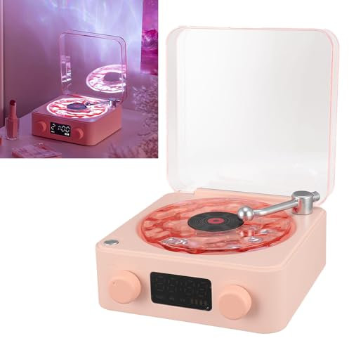 Zunate Vintage Bluetooth Lautsprecher Im Plattenspieler Stil, 3 in 1 Tragbarer Kabelloser Stereo Lautsprecher mit Zeitanzeige und Nachtlicht, Radio/Bluetooth/TF Karte/AUX Unterstützung