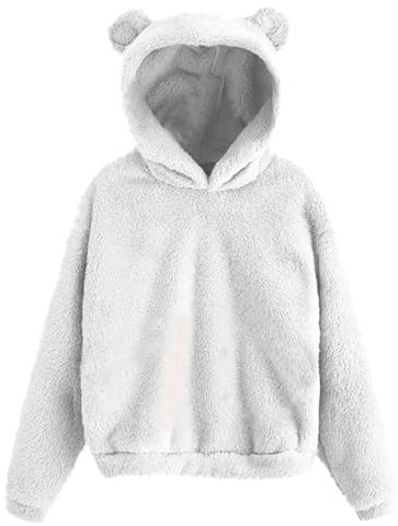 Felpa con cappuccio da donna in pile con orecchie di orso, felpa con cappuccio, cappotto, caldo, maglione, top, casual, per l'autunno, bianco, S