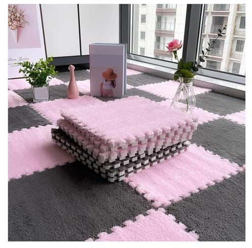 Foam Floor Mat,12 And 24 Inch Plush Puzzle Foam Floor Mat,Interlocking Playmat,Soft Fluffy Carpet Tiles For Living Room,4 Pcs(Gray+pink,11.8x11.8 Inch)