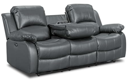 Lovesofas Faux PU Grey Leather Electric 3 Seater Recliner Sofa with a Drop Table Console for Living Room – Electric Sockets USB & Cupholders, Durable PU Fabric, 3 – Position 160 Degree Recline