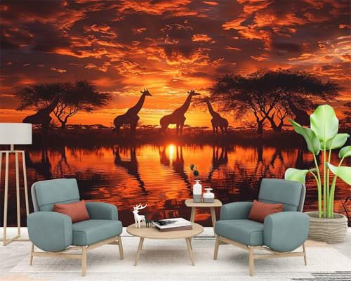 YarnAdventures Poster Geant Mural Personnalisé Girafe animale,paysage de coucher de soleil de savane africaine,Papier Peint Panoramique Soie Mural 3D pour Salon Chambre Décoration Murale,150x105cm