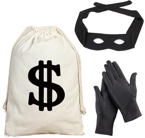 WEESTAAMO 3 Teiliges Räuber Kostüm Set mit Augenmaske Handschuhe Geldsack für Erwachsene, Bankräuber Einbrecher Piraten Dieb Kostüm Accessoire für Halloween Karneval Fasching Cosplay