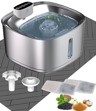 Fuente de agua inalámbrica para gatos, 3.2L/3,061.7 g, funciona con pilas, de acero inoxidable, fuente automática para gatos inalámbrica y recargable con sensor de movimiento, 2 filtros y 1