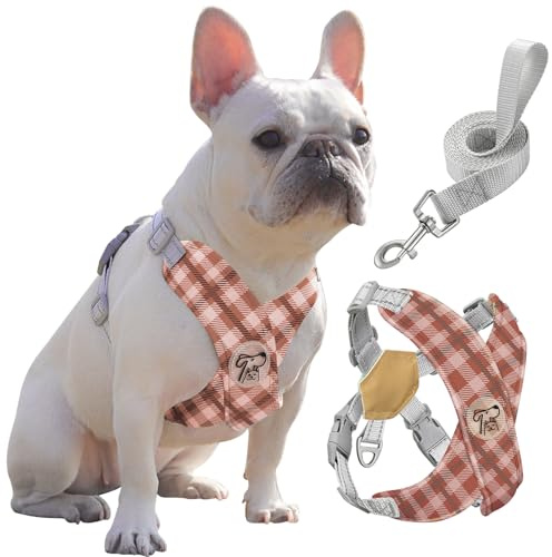 Pawaboo Puppy Harness and Lead Sets, Small Dog Harness X-Frame No Pull No Choke, Dog Vest Harness Adjustable for Small Medium Sized Dogs, Soft Breathable Pet Harness Walking Outing, L, Khaki Plaid