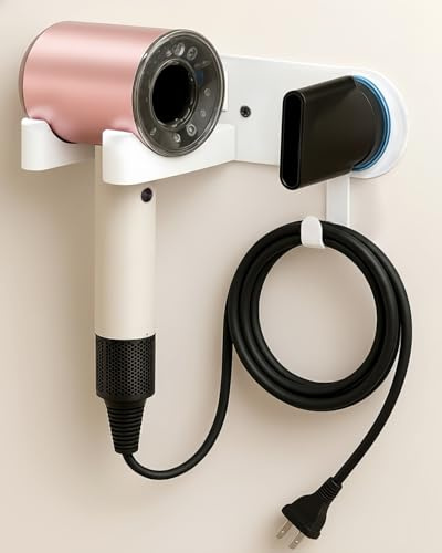UEMUSI Föhn Halterung, Fönhalter Weiß, Fönhalter Ohne Bohren Wandhalterung aus Aluminiumlegierung für Badezimmer, Magnetische Dyson Aufsatz Halterung mit Kabelhaken, Bohrfreie Installation