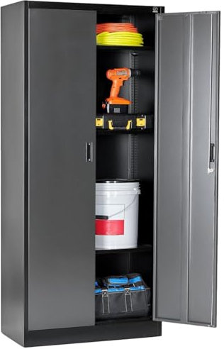Stahlschrank 180x80x40 cm mit 2 Türen abschließbar - Metall Aktenschrank, Werkzeugschrank für Büro, Garage, Fitnessstudio (Silber&Schwarz)