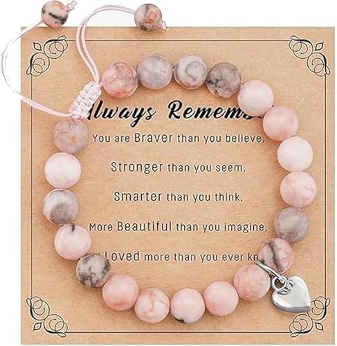 Oykrueats Armband Mädchen Rosa Naturstein,Naturstein PerlenarmbandRosa mit Herz,Perlen Armband Rosa mit Verstellbarem Geflochtenem Seil,RosaKristall Geflochtenem Für Frauen Mädchen Schmuck Geschenk