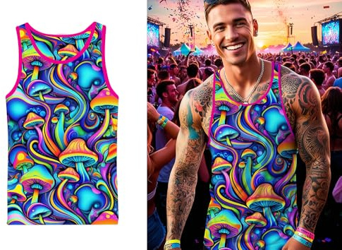 FIESTAS GUIRCA | Psychedelisches Pilz-T-Shirt mit Mütze - Kostümzubehör für Themenpartys und Feiern - Ideal für Erwachsene - Mehrfarbig