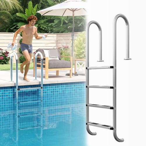 UISEBRT Escalera de piscina de acero inoxidable 304, con 4 peldaños, 157 x 54 x 26,5 cm, color plateado, con protección antideslizante, escalera para piscina y piscina, soporta hasta 150 kg