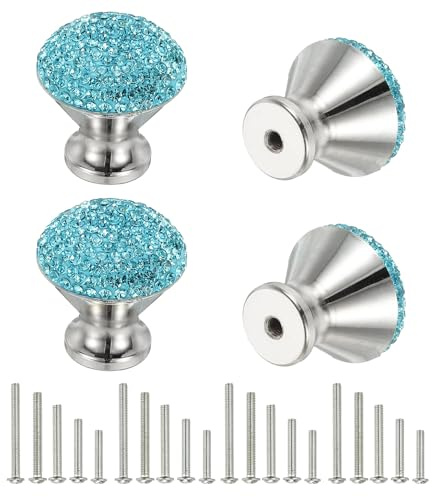 sourcing map Drawer Knobs,4Pcs 1.1 Inch(28mm) Diameter Bling Diamond Decoration Cabinet Knob, Round Rhinestones Pull Handle with Screws for Home, Office, Kitchen (White Base + Lake Blue Diamond)