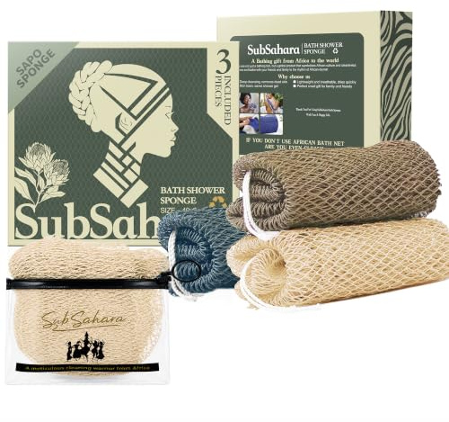 SubSahara Authentic African Net Sponge, 3 Pack 45-Inch Exfoliating Bath Sponge and Shower Loofah for Body and Back, Colorfast Quick-Dry Knotted Mesh Scrubber with Travel Pouch