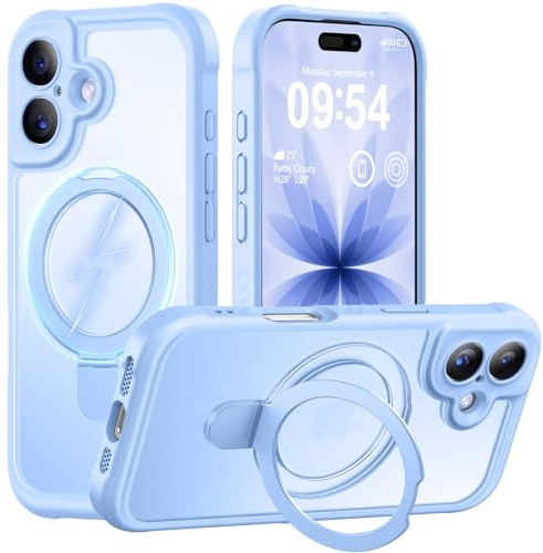 MOCCA Compatible with iPhone 17 Case with Magnetic Invisible Stand [Full Camera Protection] [Compatible with Magsafe] Military Drop Shockproof Translucent Matte Phone Case Cover 6.3,Light Blue