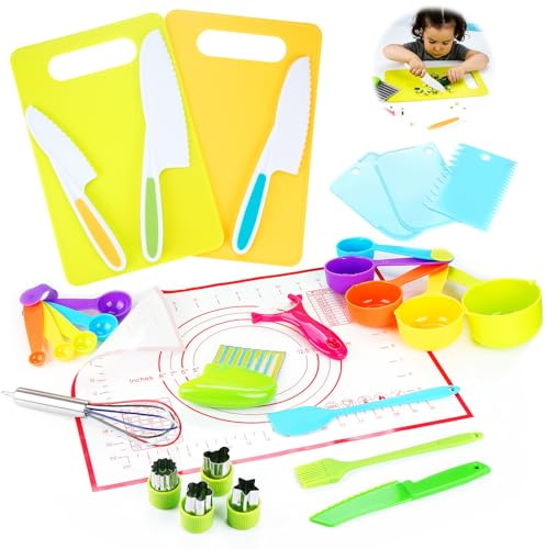 29 Piezas Cuchillo para Niños con Juego de repostería para niños, 2 en 1 Cuchillos Montessori para Cortar y cocinar Frutas o Verduras, Aprendizaje Niños 2 años