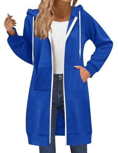 Uwdiohq Damen Lange Kapuzenpullover mit Reißverschluss Hoodie Jacke Autumn Winter Sweatjacke Oversize Fleece Einfarbig Sweatshirt Mit Kapuze Langarm Mantel Warm Cardigan mit Taschen