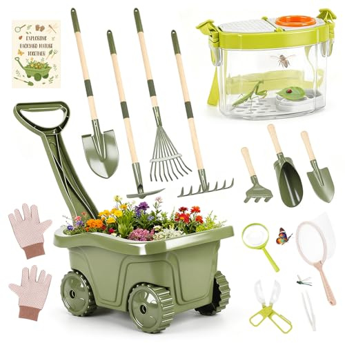 Dreamon 17PCS Carretilla Niño Set Jardinería y Exploración | Herramientas Jardinería Infantil + Kit Explorador Niños con Caja Insectos, Red, Lupa | Juguetes Jardín Educativos Exterior 3+ Años