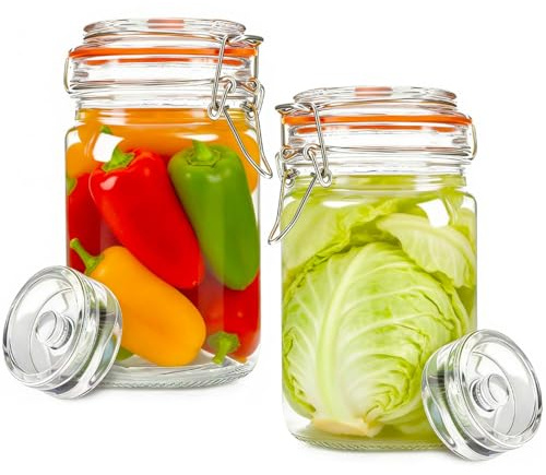 CDDCWZ 2 tarros de fermentación de 1,5 L, con válvula y peso | ideales para fermentar chucrut, kimchi, kombucha y encurtidos Transparentes