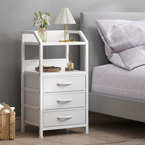 Feonase Bedside Table with 3 Fabric Drawers and Open Shelf, Nightstand for Bedroom, Living Room, Small Spaces – Metal Frame & Wooden Top, Compact Sofa End Table with Storage for Home Décor, White