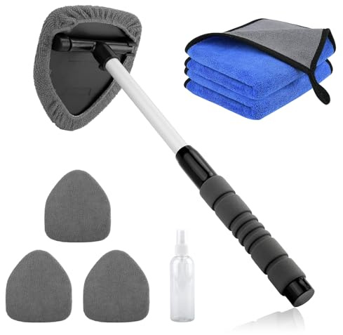 Windscreen Cleaner Tool Extendable Windshield Cleaner Brush Kit | 180° Rotating Head 4 Reusable & Washable Pads 2 Microfiber Cloth 1 Spray Bottle Car Demister Window Cleaning Kit