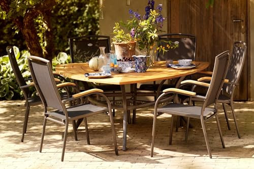 Hartman Esstischgruppe Raffaelo, Tischgruppe mit 6 Stapel-Stühlen in xerix/Natur, Gartengarnitur aus Aluminium Alu, Sitzgruppe mit Teak-Holz Elementen