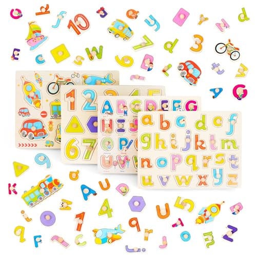 THE TWIDDLERS 4 Holzpuzzle Steckpuzzle Greifpuzzle für Babys & Kleinkinder - Montessori Lernspielzeug für 1 2 3 4 Jahre (Buchstaben, Zahlen & Fahrzeuge)