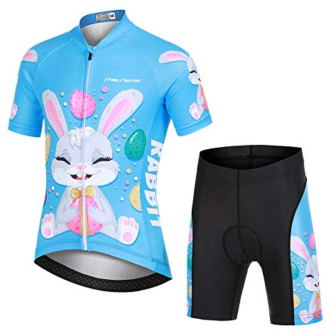 YFPICO Maillot Vélo Manches Courtes et Cuissard Cycliste VTT 3D Coussin Rembourré Tenue Cyclisme Confort Enfant Garçon Fille, Bleu, 9-10 Ans/L