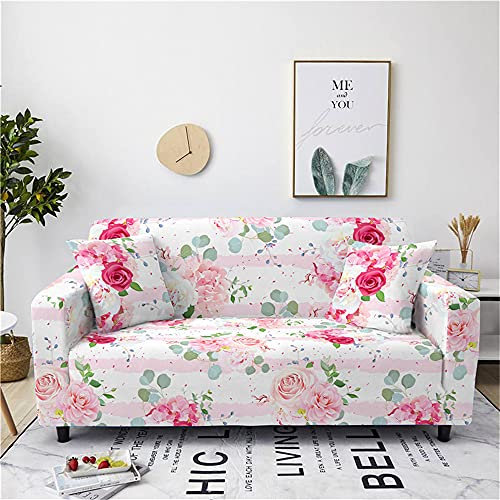 FANSU Universal Sofabezug Stretch Antirutsch 3D Elegante Blumen Bedruckte Sofabezug mit Armlehnen, L Form Sofabezug/Couchbezug/Sesselbezug für Wohnzimmer Wohnkultur (Pinke Rose,2 Sitzer)