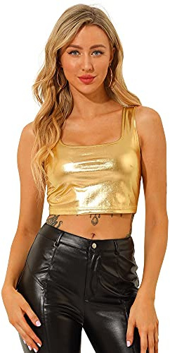 Allegra K Women's Sleeveless Halloween Party Holographic Metallic Crop Top