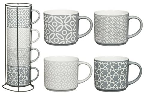 MND Dealings New Unique Jumbo Geo Embossed Stacking Ceramic Coffee Mugs with Holder 4pk Stackable for Easy Storage Patterns Tea Cup, Office and Home, Gift Microwave Dishwasher Safe-Grey (MND-777788)