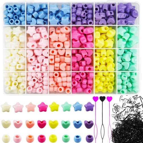 1531Pcs Candy Color Hair Beads for Braids - Large Hole Acrylic Star, Heart, Pastel, Pony, Cute Kandi for Hair Bracelets Jewelry Making With Elastic Rubber Band Threaders