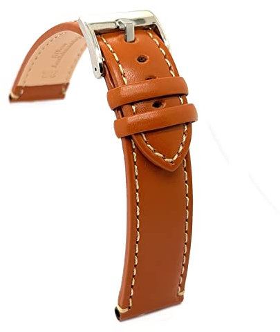 diloy Sportliches flaches Uhrenarmband aus glattem Rindsleder mit weißer Naht – Größen 14mm 16mm 18mm 20mm 22mm 24mm – Elegant und widerstandsfähig 373 Hellbraun 24mm