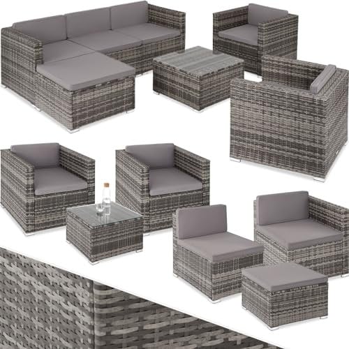 tectake® Poly Rattan Lounge, Outdoor Sitzgruppe, Set mit Sofa, 2 Sesseln, Hocker, Tisch, frei kombinierbar, Gartenmöbel für 5-6 Personen, für Garten Terrasse Balkon, inkl. Polster - grau